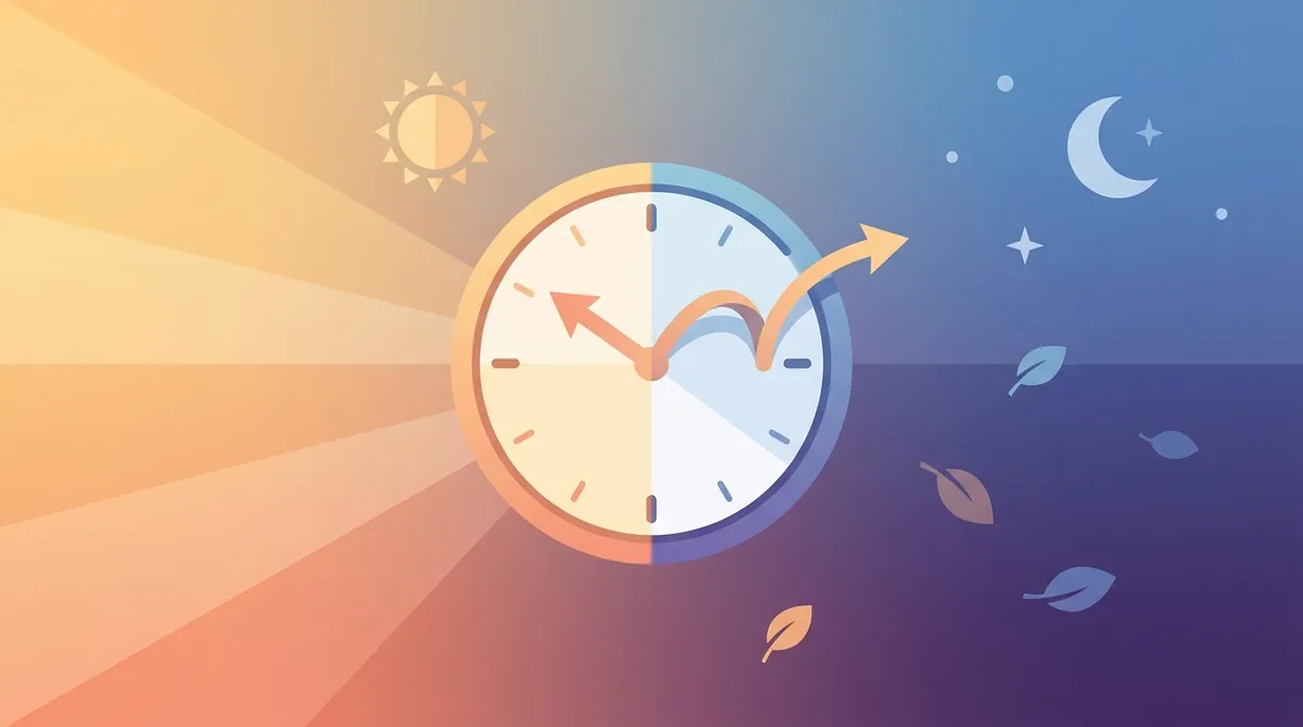 Et analogt ur, hvis visere justeres en time frem mod en forårshimmel ved solopgang, der illustrerer sommertid